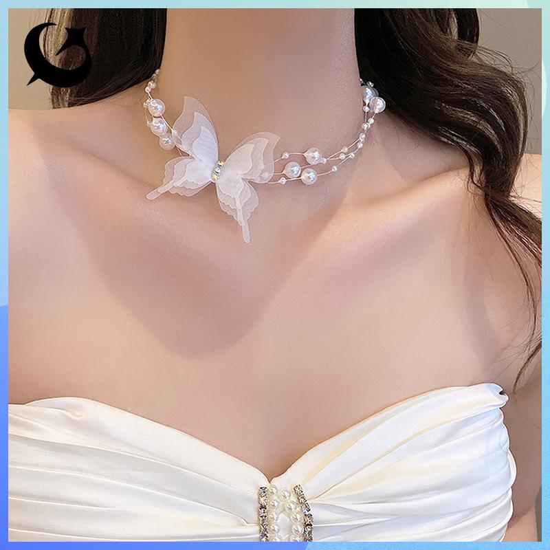 [FIREFLY1] สร้อยคอโชคเกอร์ไข่มุกผีเสื้อสีขาวสําหรับผู้หญิงหวานเลียนแบบมุกกระดูกไหปลาร้าโซ่คอสร้อยคอเ