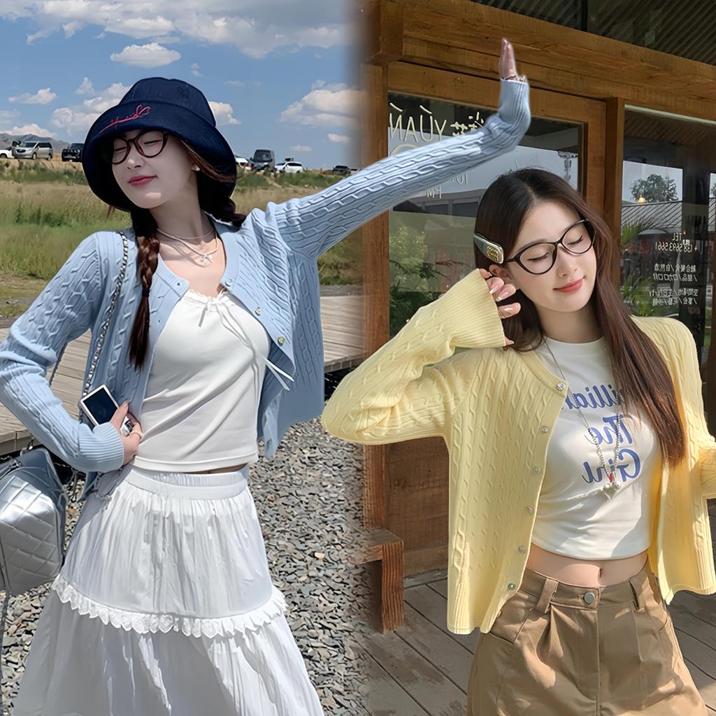 13991 เสื้อแจ็คเก็ตคาร์ดิแกนถักสำหรับผู้หญิง ดีไซน์สเวตเตอร์แบบสาย เหมาะสำหรับฤดูใบไม้ผลิและฤดูใบไม้ร่วง เสื้อถักแขนยาว