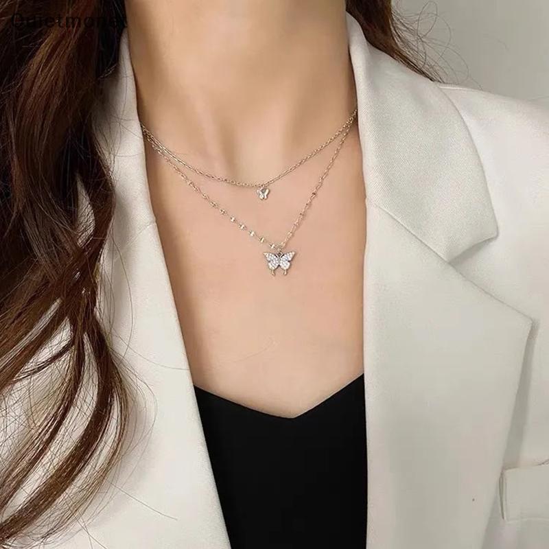 Null Double Layer Clavicle Chain สร้อยคอเครื่องประดับเพทายผีเสื้อจี้สร้อยคอสําหรับผู้หญิงอุปกรณ์เสริ