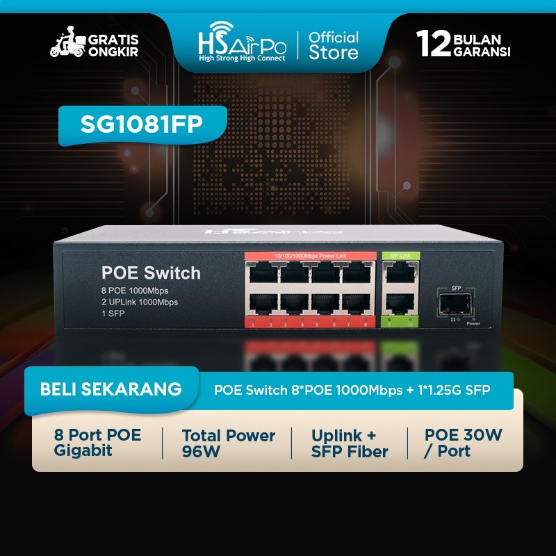 HSAirPo SG1081FP POE Switch 11 Port 96W – 8 Port POE Gigabit 1000Mbps + 2 Uplink Gigabit + 1 SFP 1.2