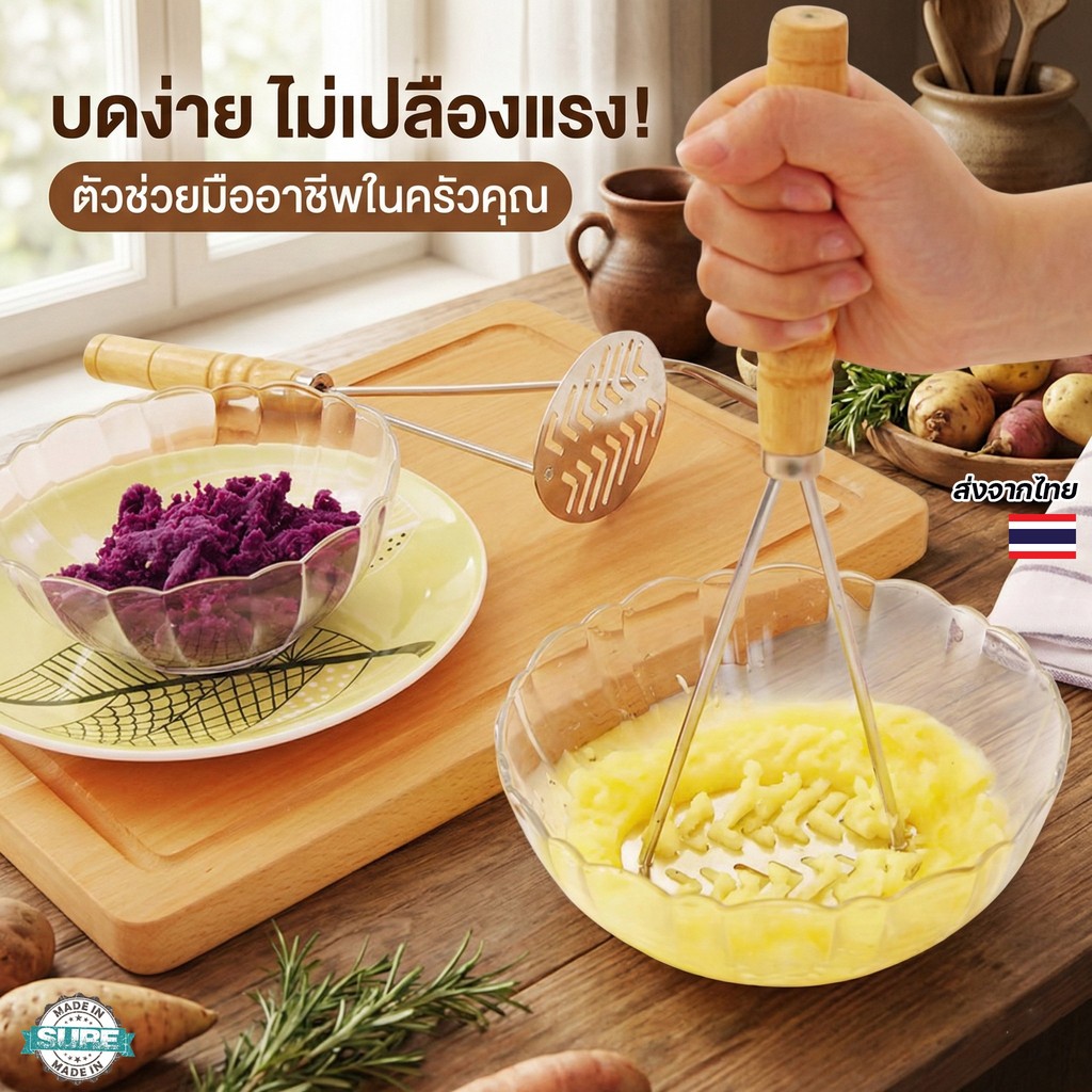 ที่บดมันฝรั่งสเตนเลส ด้ามไม้ธรรมชาติ ที่บดฟักทองและผักต่างๆ เครื่องบดอาหารเอนกประสงค์ แข็งแรง ทนทาน
