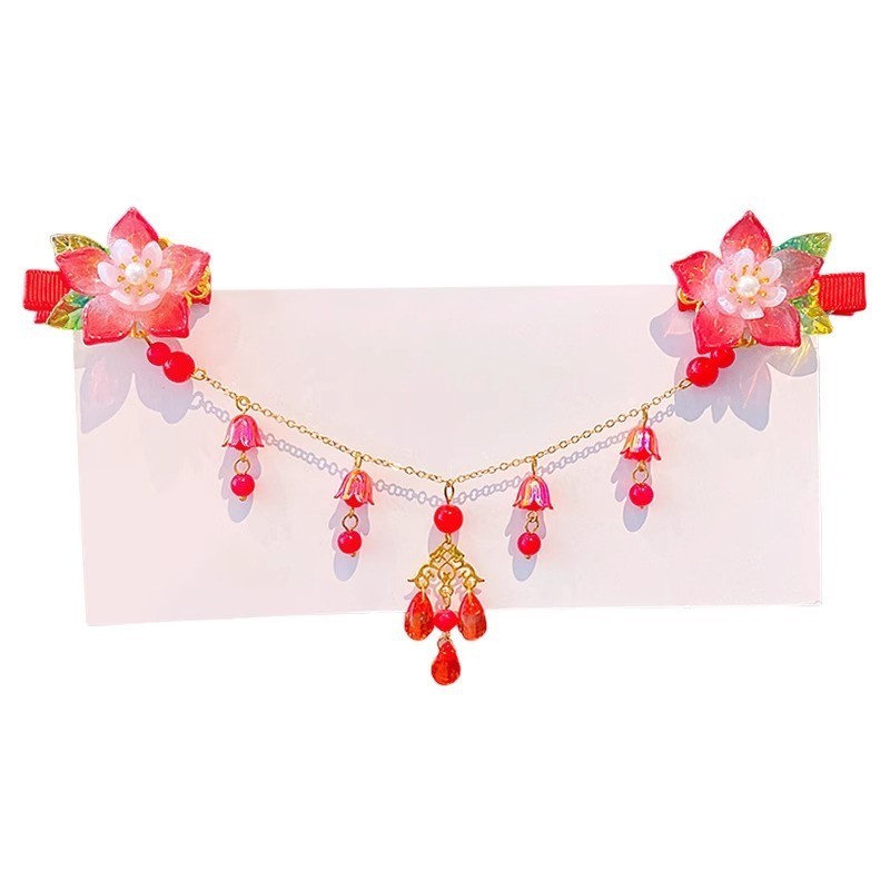 BlessU ห่วงโซ่หน้าผากโบราณสําหรับเด็ก ฮันฟู สไตล์สาวดอกไม้สีแดงกิ๊บชุดสวัสดีปีใหม่ - รูปที่ 4