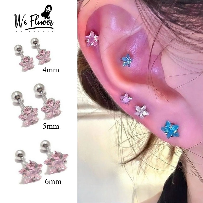 We Flower สกราวด์ต่างหูทำจากเงินแท้สังเคราะห์สีชมพูกะพริบ ออกแบบเป็นดาวสำหรับสวมใส่ทุกวัน