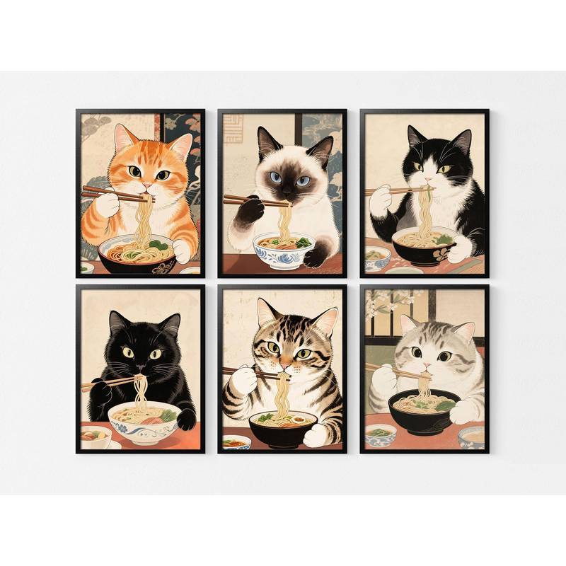 Cat Ramen Canvas Print Fun Japanese Style Kitchen Wall Art