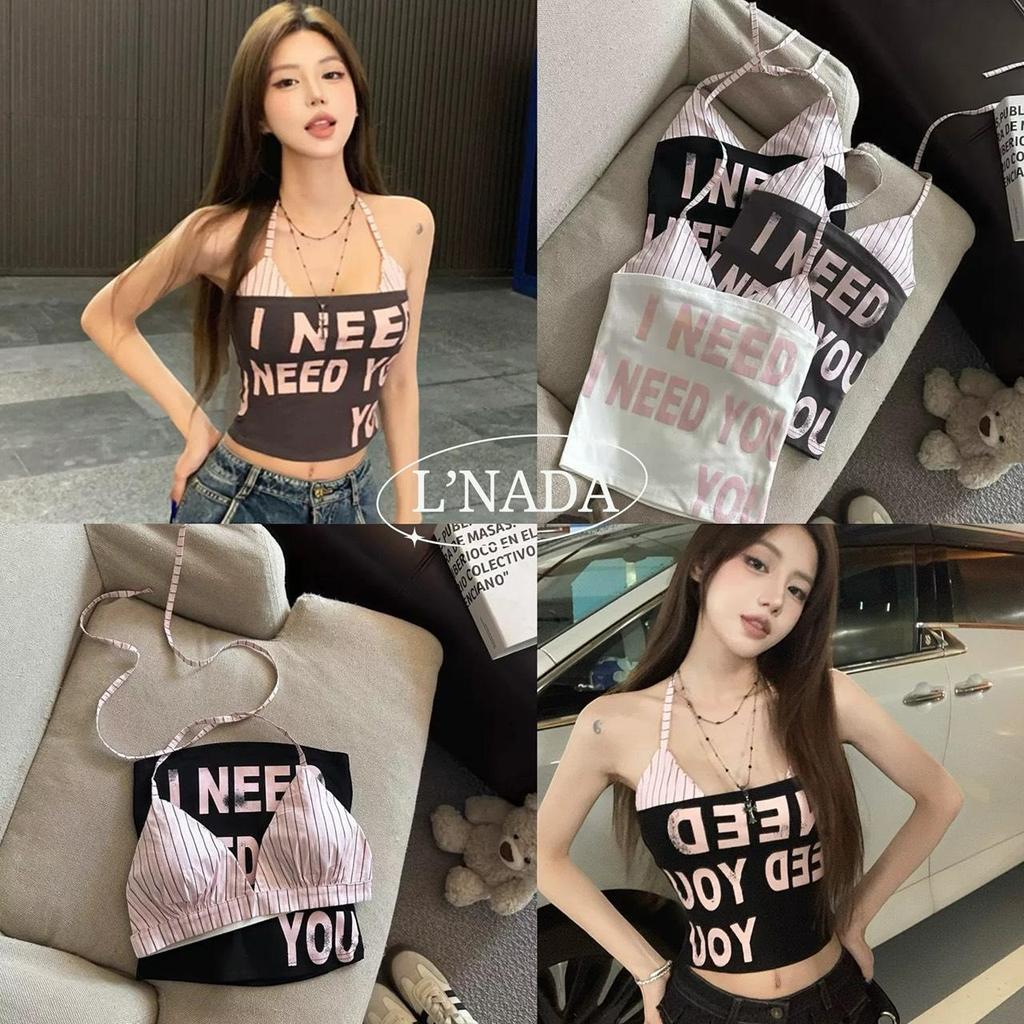 L'nada【พร้อมส่ง】เสื้อครอป2ชิ้นสายเดี่ยวลายริ้ว สไตล์เกาหลี ดีไซน์หรู ใส่แล้วดูแพง มี3สี(5535)