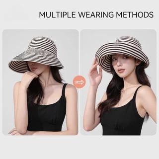 YIFEN หมวกกันแดดผู้หญิง ลายทาง (ขายดี)｜บักเก็ตปีกกว้าง｜ใส่แล้วหน้าเล็ก มินิมอล｜แฟชั่นหน้าร้อน