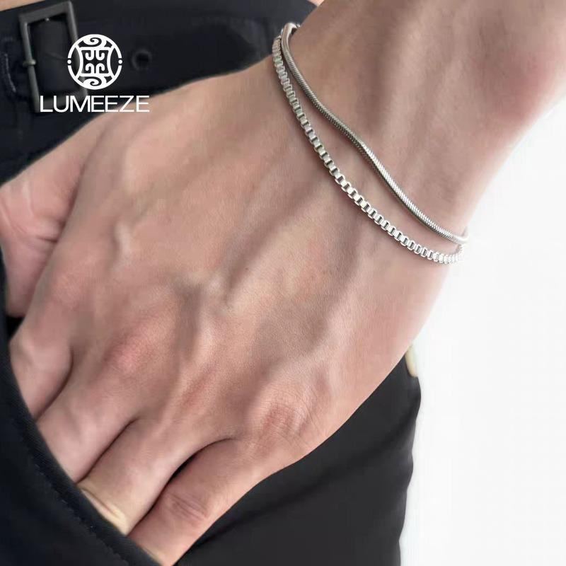 LUMEZE Punk Chain Links สร้อยข้อมือสําหรับชาย,กันน้ํา Stacked Chain Links สายรัดข้อมือของขวัญ,กล่องสแควร์รอบโซ่งู SL340 #