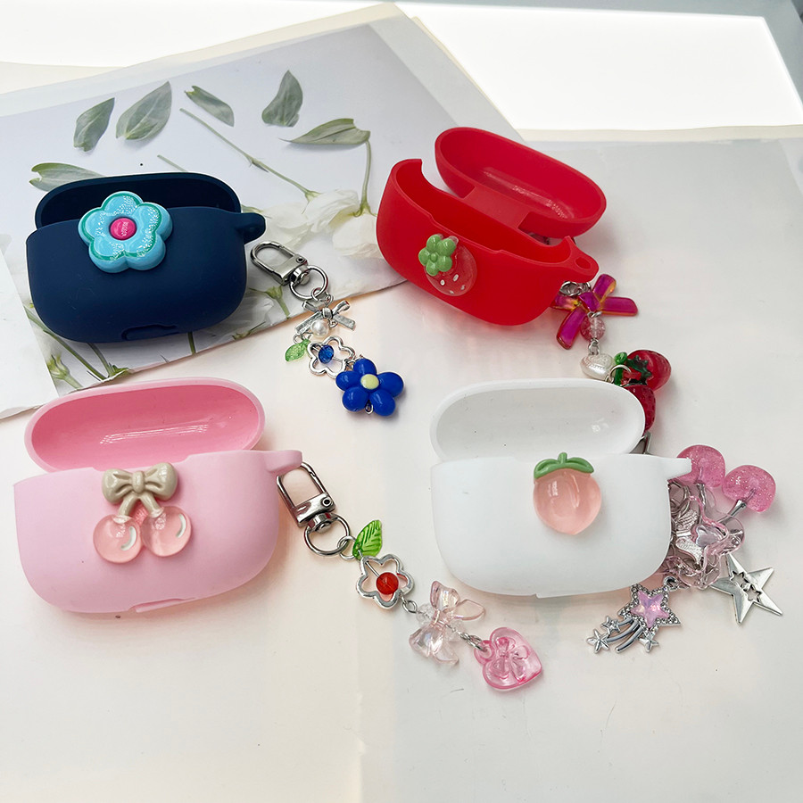 เชอร์รี่/ดอกไม้สําหรับ Jabra ELITE 4 /ELITE 3/ELITE 4 Active Case พร้อม keychian ซิลิโคนหูฟังฝาครอบ