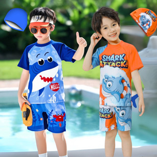 ชุดว่ายน้ำเด็กผู้ชาย ดีไซน์ฉลามน่ารัก ชุดเสื้อและหมวกสั้น ชุ…