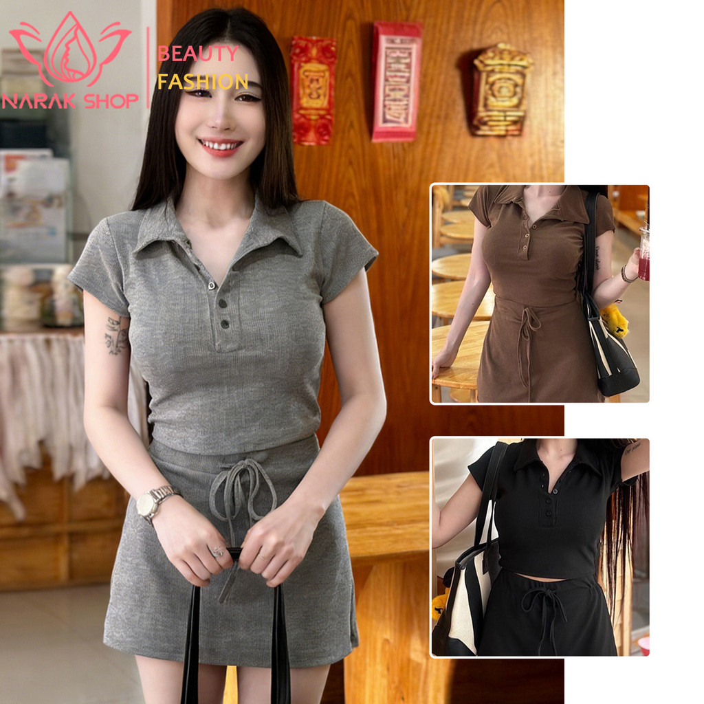 ชุดเซ็ตผู้หญิง 2 ชิ้น เสื้อยืดแขนสั้น + กระโปรงกันโป๊ ลุคสาวหวาน