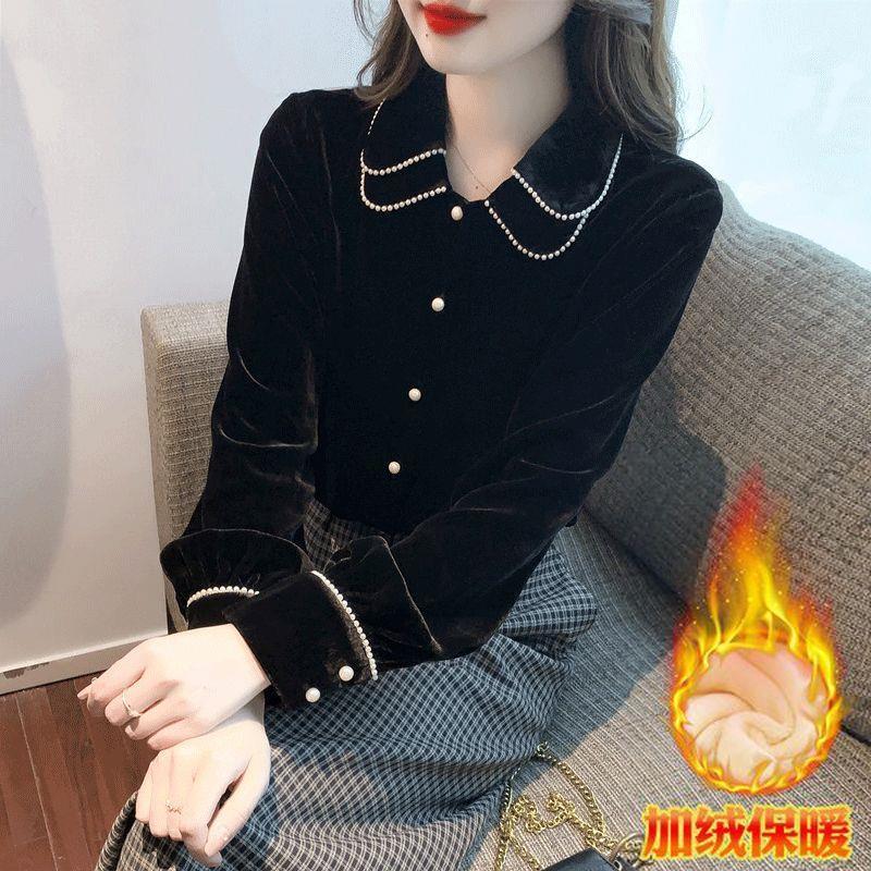 2026แฟชั่น2026คอตุ๊กตาสีดําทองกํามะหยี่ด้านบนผู้หญิงฤดูใบไม้ร่วงฤดูหนาว2023แบบใหม่แฟชั่นแฟชั่นเสื้อ 