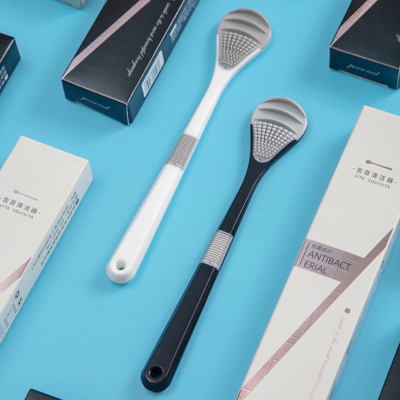 Hth สองด้านลิ้นทําความสะอาดแปรงสําหรับลิ้นทําความสะอาดเครื่องมือสุขอนามัยช่องปากลิ้นมีดโกนแปรงสีฟันล