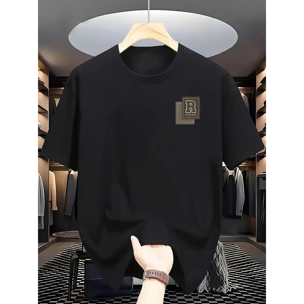 ระบายอากาศได้ดี| ลำลอง] เสื้อยืดผู้ชายที่ใส่สบายและระบายอากาศได้| คอกลมแบบสบาย, พิมพ์ตัวอักษร| ฤดูร้อนเอสเซน