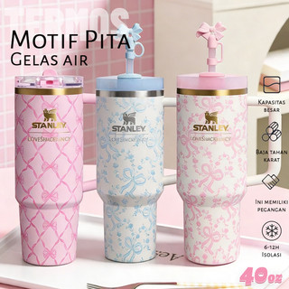 [COD]Tumbler Cantik dengan Pita 40oz & Gaya pita busur- dengan Sedotan Botol Minum Stainless Steel 304 umbler Gagang Jumbo
