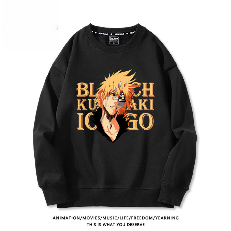 เสื้อยืดคอกลมญี่ปุ่นแบบAnime BLEACH พร้อมภาพพิมพ์ของUrahara, Yushiro, และIchigo แขนยาวพอดีตัว