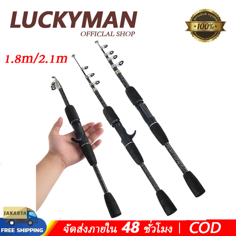 LUCKY MAN คันเบ็ดตกปลาแบบยืดหดได้ 1.8-2.1 เมตร คันเบ็ดตกปลาแบบเบาพิเศษ สำหรับตกปลาแบบสปินนิ่ง/แคสติ้ง ทำจากคาร์บอนไฟเบอร