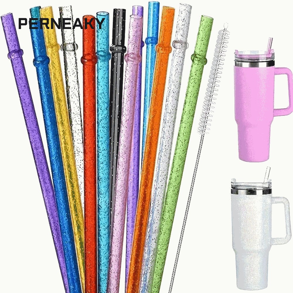 PERNEAKY 1PC Glitter Straw, นํากลับมาใช้ใหม่รถ Travel Cup Straw ผงทองหลอดพลาสติก, พร้อมแปรงทําความสะ