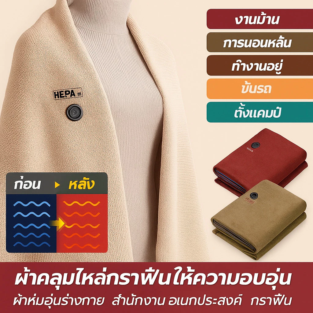 ผ้าห่มอุ่นกราฟีน USB ผ้าคลุมไหล่ไฟฟ้าปรับอุณหภูมิได้ Graphene Heated Shawl thumbnail 6