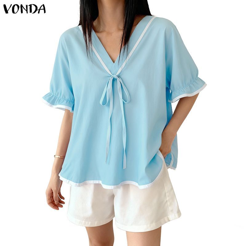 VONDA เสื้อผ้าสไตล์เกาหลีสำหรับผู้หญิง แบบ loose fit คอ V มี frill และ bow tie สำหรับฤดูร้อน