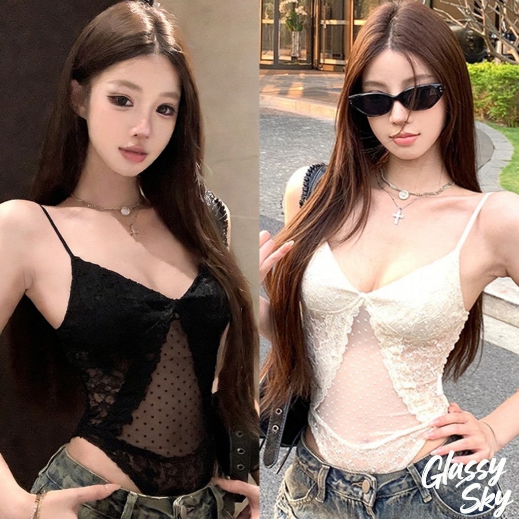 Glassy Sky พร้อมส่ง ชุดบอดี้สูท รัดรูปลายลุกไม้สีครีม ซรีทรูเบาๆ เสื้อกล้ามผู้หญิง เซ็กซี่(FY5078)