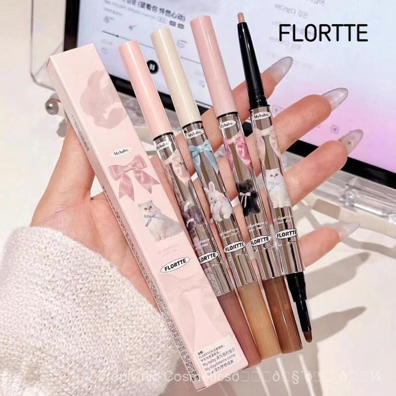 FLORTTE ดินสอสองหัวสําหรับเขียนคิ้ว ไฮไลท์-คอนทัวร์-เฟส 2in1 สําหรับผู้เริ่มต้น กันน้ํา และไม่เลอะ เ