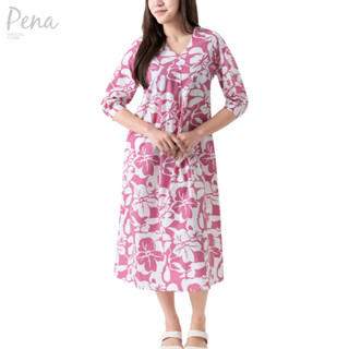 Pena house เดรสยาวลายดอกแขนสามส่วน สีชมพู-ขาว PODL022601