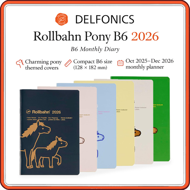 Delfonics Rollbahn Diary 2026 “Pony” B6 Monthly Planner - 15-Month (Oct 2025-Dec 2026) Notebook, 6 C