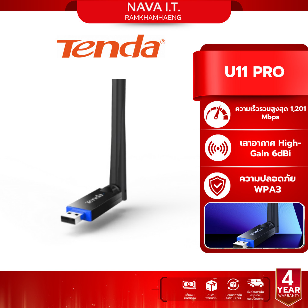 Tenda U11 Pro รับสัญญาณ USB WiFi 6 Adapter AX900 Card Dual Band 6dBi Antenna (U11 Pro) รับประกัน 4 ป