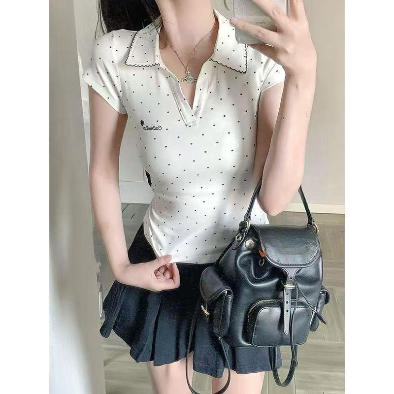 สินค้าพร้อมส่งจากกรุงเทพฯ เสื้อโปโลแขนสั้นปักลายจุด สไตล์เกาหลีเรียบง่าย เนื้อผ้านุ่มสบาย