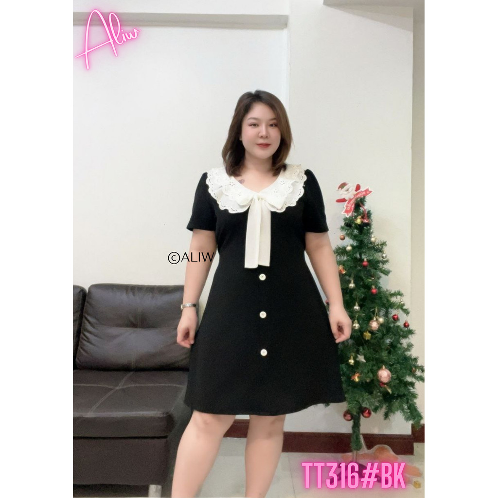 PLUS SIZE LACE COLLAR DRESS | A-LINE BOW DRESS – สีดํา TT316 BK 中大码丝裙