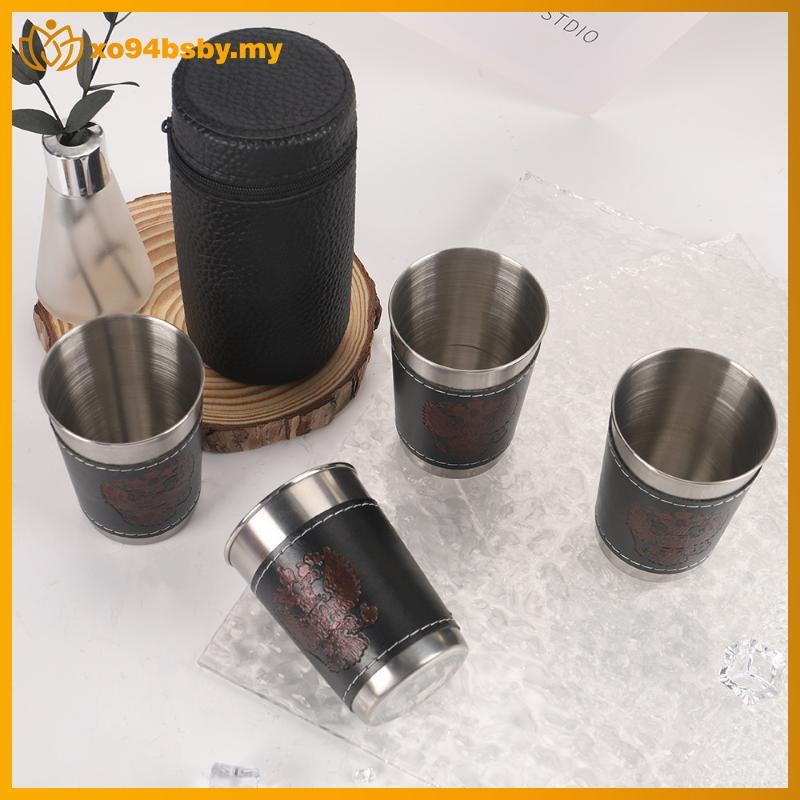 Xo94bsby 4 ชิ้น/เซ็ตถ้วยเดินทางกลางแจ้งถ้วยสแตนเลสหนัง PU แบบพกพากาแฟไวน์เบียร์ Whisky ถ้วย Camping 