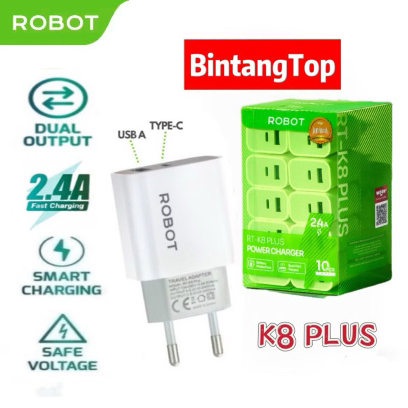 ROBOT RT-K8 PLUS / ROBOT RT-K8 PLUS 2.4A dual usb USB A และ USB C charger ORIGINAL อย่างเป็นทางการรั