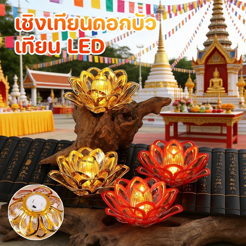 COD เชิงเทียนดอกบัว LED โคมดอกบัวโคมบูชาพระ ประดิษฐานพระพุทธรูป พระภิกษุสงฆ์ เทียนไฟฟ้าโลตัส ความปลอดภัยไม่มีฝุ่นควัน