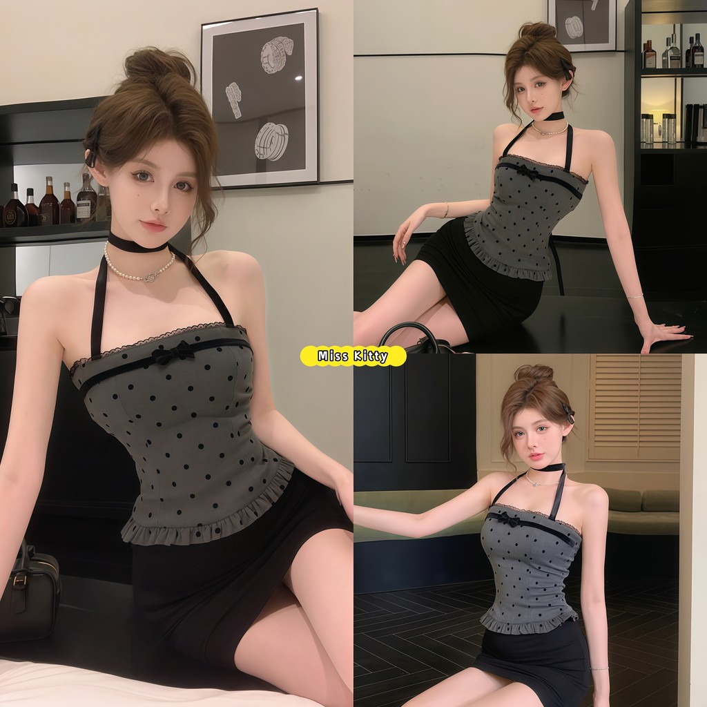 Miss Kitty เสื้อแขนกุดผู้หญิงแบบคล้องคอ ดีไซน์ลายจุดแฟชั่น ประดับโบ ผ้าสบาย สไตล์เกาหลี "FY2861"-0