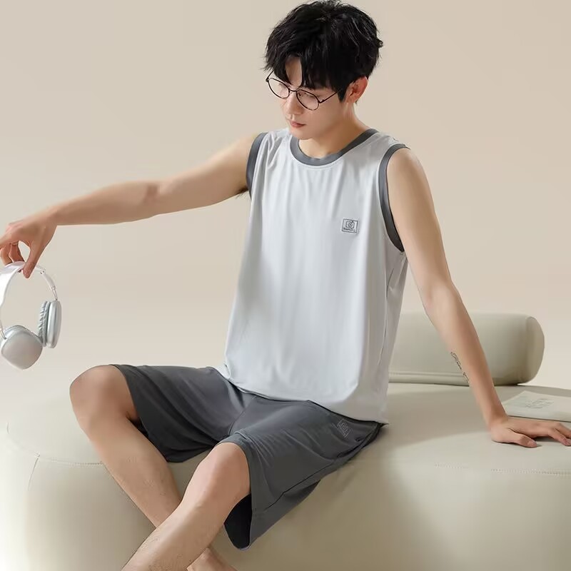 背心睡衣男士夏季莫代尔棉绸冰丝无袖短裤套装大码家居服Vest Pajamas Men's Summer Modal Cotton Silk Ice Silk
