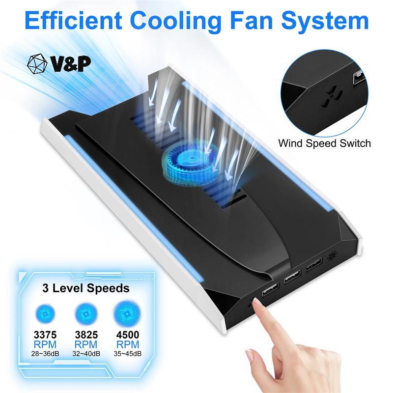 V & P สําหรับ PS5 Slim/PS5 Pro ฐานขาตั้งระบายความร้อนแนวตั้ง RGB VR ชุดหูฟัง Controller Charger Do S