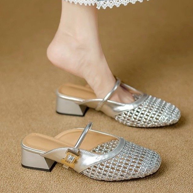 Daily Commuter Exclusive Silver Metalทอส้นหนาMullerรองเท้าแตะStableรองเท้าผู้หญิงที่สะดวกสบาย