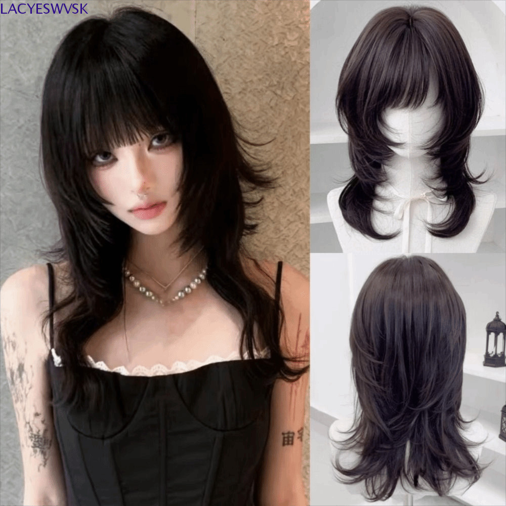 LACYSWVSK แมงกะพรุนวิกผม Bangs, สังเคราะห์สีน้ําตาลสีดําขนาดกลางตรง Layered วิกผม, น่ารัก Hairpiece 
