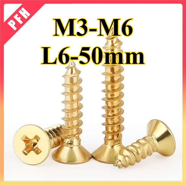 H68 สกรูต๊าปตัวเองทองเหลือง countersunk cross ทองแดงหัวแบนงานไม้ M3/M3.5/M4/M5/M6 * L6-50mm (ZH-PFH)