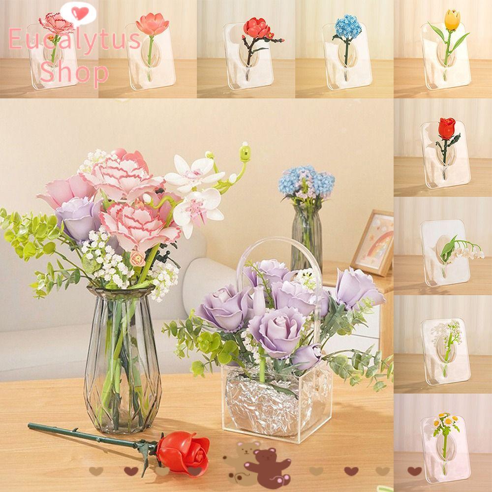 EUCALYTUSS บล็อกสร้างอนุภาคขนาดเล็ก, อิฐโมเดลดอกไม้หลากสี, พลาสติกคุณภาพสูง Rose Carnation Tulip DIY มินิดอกไม้พืชอิฐของเล่น