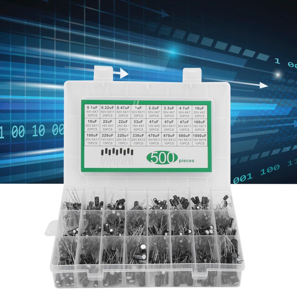 Fafeicy Electrolytic Capacitor Assortment Box Kit 500 ชิ้น 24 มูลค่า 0.1uF?1000uF 10V 16V 25V 50V คว