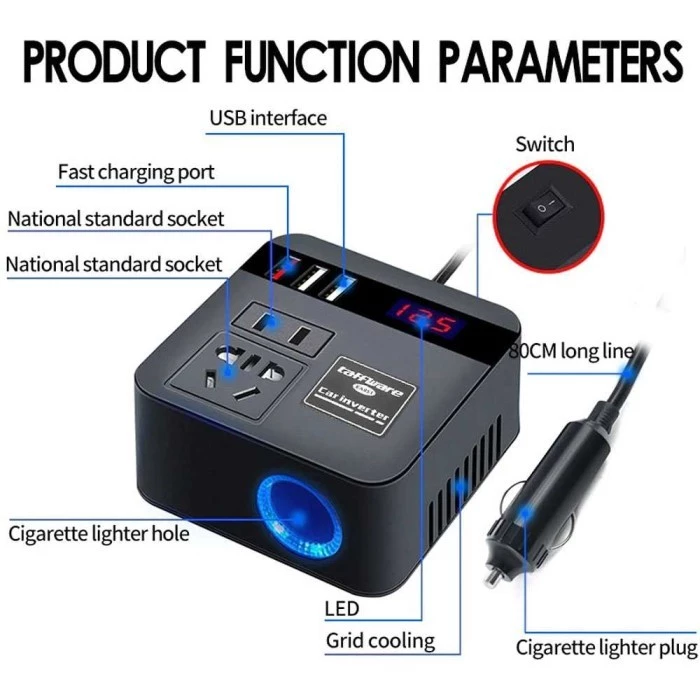 อินเวอร์เตอร์ปลั๊กไฟรถยนต์ 100W DC 12V/24V 3 USB thumbnail 4