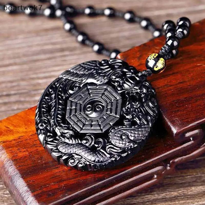 Beartwok7] ธรรมชาติ Bla Obsidian มือแกะสลักมังกรจีน Phoenix Bird Amulet BaGua Nelace สําหรับผู้หญิงผ