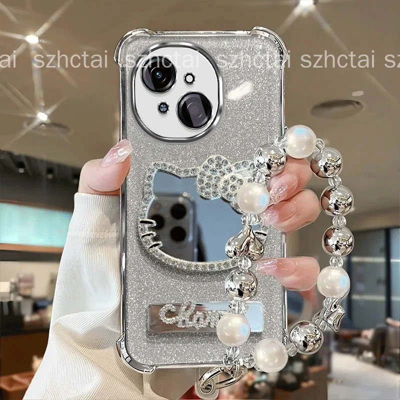 เคสสําหรับ Tecno Spark Go 1 1S 2025 POP 9 สี่มุมเคสโทรศัพท์กันกระแทก 3D น่ารักเพชรแมวกระจกแต่งหน้าวงเล็บพับได้พร้อมสร้อยข้อมือใหม่เคสนิ่ม