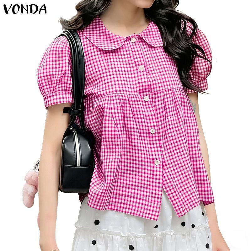 VONDA สาวเกาหลี ชิลท์ดอลล์คอลลาเตอร์ พัฟสูลีบัตตอนดาวน์ เชิ้ตลายตาราง A-line