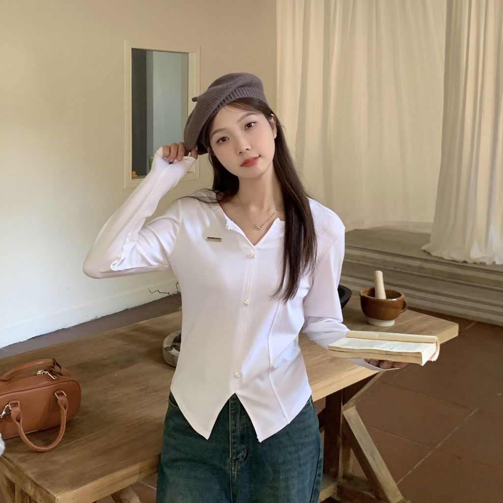 แฟชั่นคอปกไม่สม่ําเสมอสไตล์สั้นดู vcod ขนาดเสื้อแขนยาวสไตล์ไขมันใหญ่ใหม่ฤดูใบไม้ร่วงฤดูหนาวบางสาวร้อ