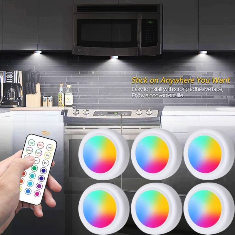6 ชิ้น RGB LED ภายใต้ไฟตู้พร้อมรีโมทคอนโทรลแบตเตอรี่ขับเคลื่อนโคมไฟกลางคืนหรี่แสงได้ไร้สายไฟ LED สําหรับตู้เสื้อผ้าในบ้าน