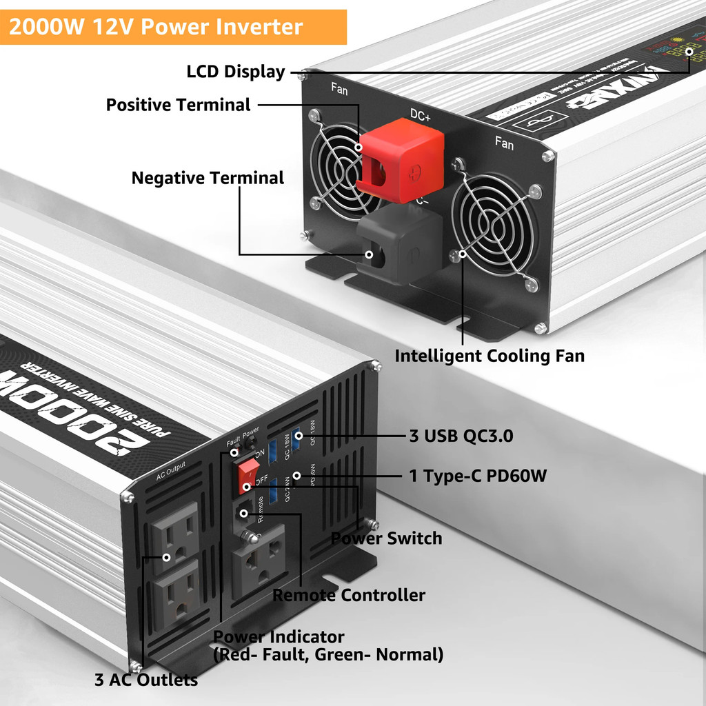 รถ RV Power อินเวอร์เตอร์ 12V 24V 48V ถึง 110V 120V Pure Sine Wave อินเวอร์เตอร์ 1000W 2000W 3000W 4
