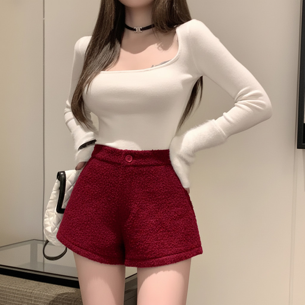 กางเกงขาสั้นตุ๊กตาเอวสูงแบบสั้นสําหรับผู้หญิงสไตล์อ่อนโยนและผู้หญิง ถาม15455