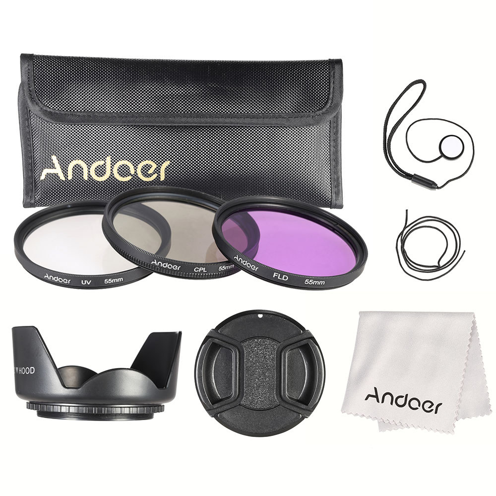 Andoer 55mm Filter Kit (UV+CPL+FLD) + กระเป๋าพกพาไนลอน ที่วางฝาปิดเลนส์ ผ้าทำความสะอาดฮูด